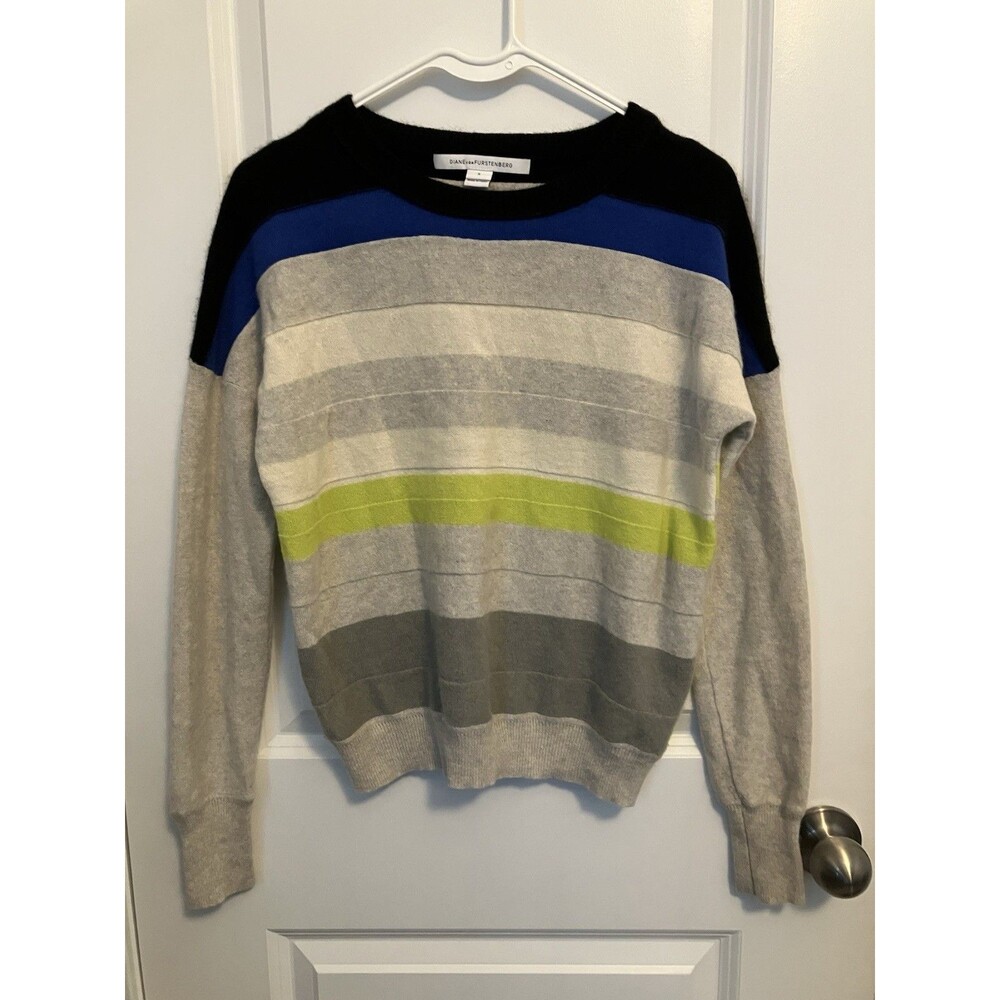 Diane Von Furstenberg DVF Cashmere Sweater Small Striped Gray Lime Green Blue